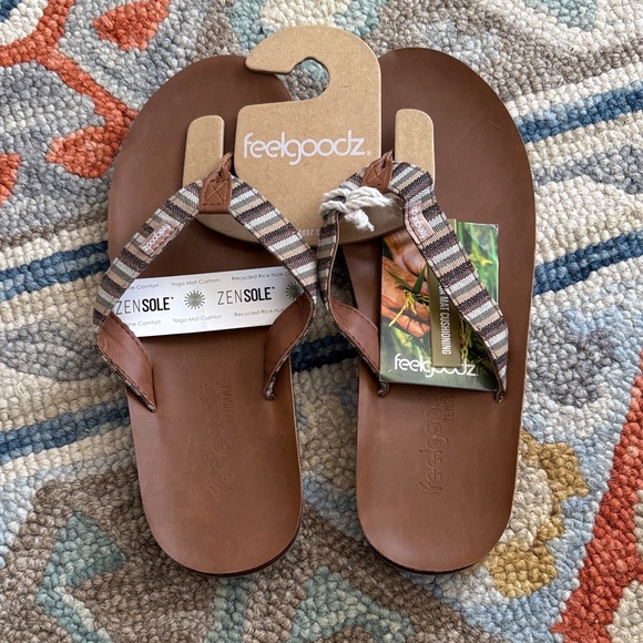 Feelgoodz Brown Leather-Effect Flip Flops with Striped Fabric Straps - Picture 3 of 7